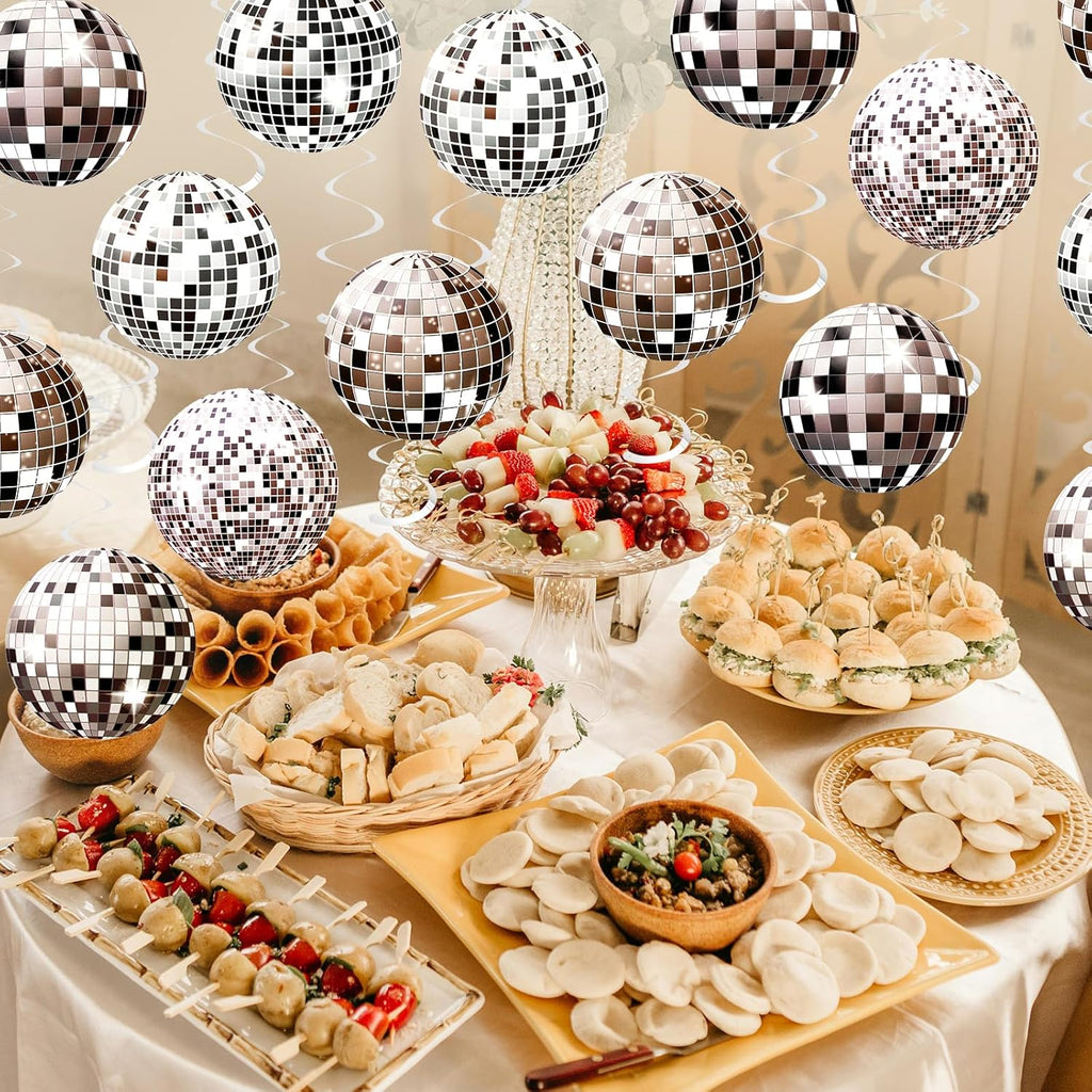 24-Piece Silver Disco Ball Decoration Set for 70s and 80s Themed Parties, New Year's Eve Celebrations, and Atmosphere Enhancement