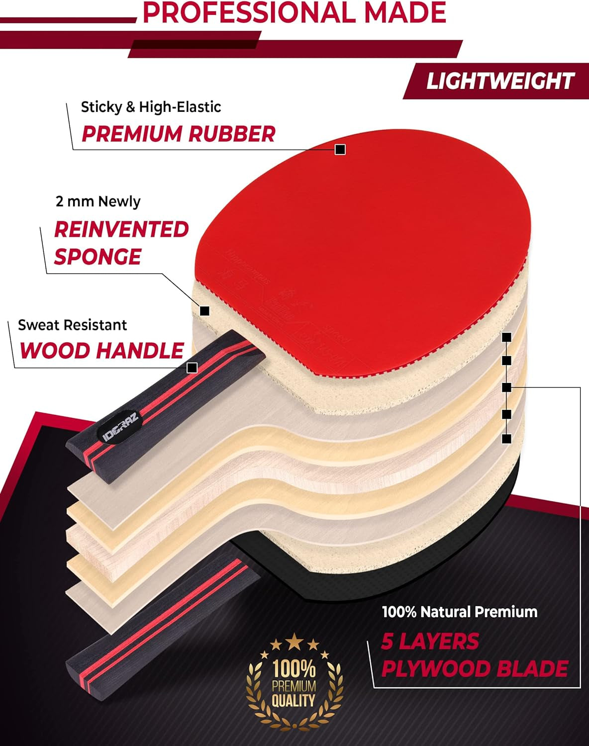 Ping Pong Paddle Professional Racket - Table Tennis Racket with Carrying Case - ITTF Approved Rubber for Tournament Play - Best Table Tennis Paddle