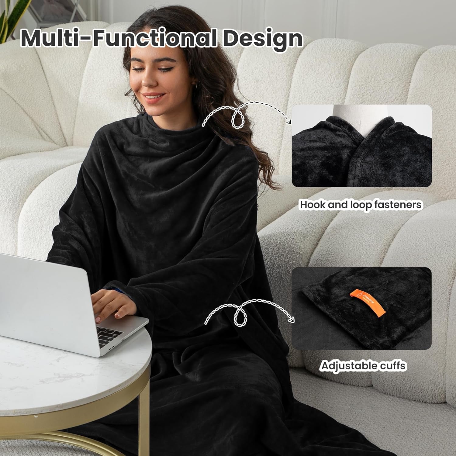 Wearable Blanket with Sleeves for Adults, Soft and Cozy Design with Elastic Cuffs and Hook and Loop Fastener (Black, 140x180cm)