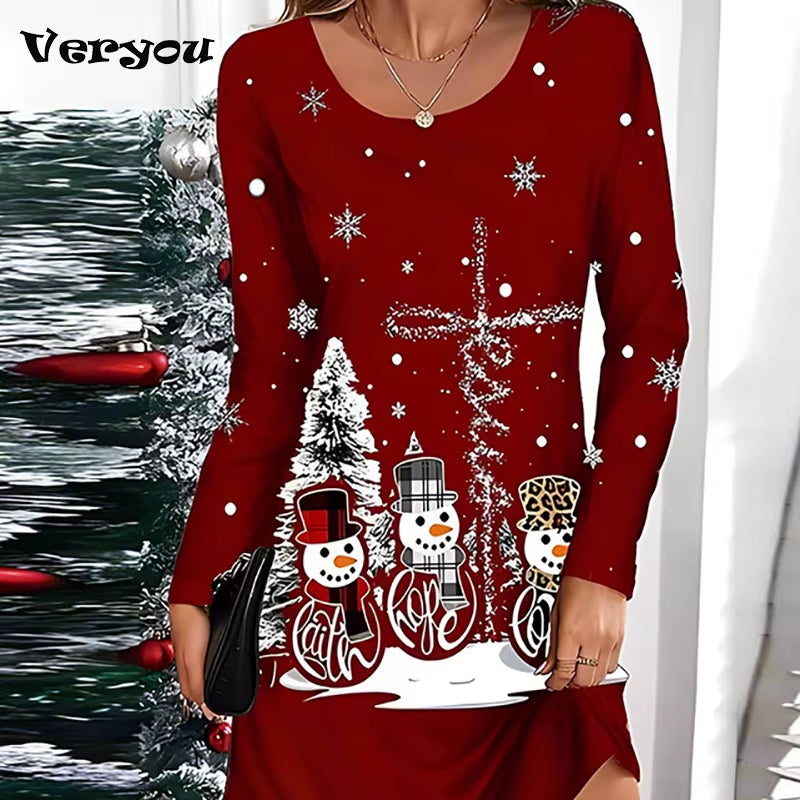 Elegant Autumn Long Sleeve Casual Mini Dress for Women - Red Printed Party Dress for Christmas