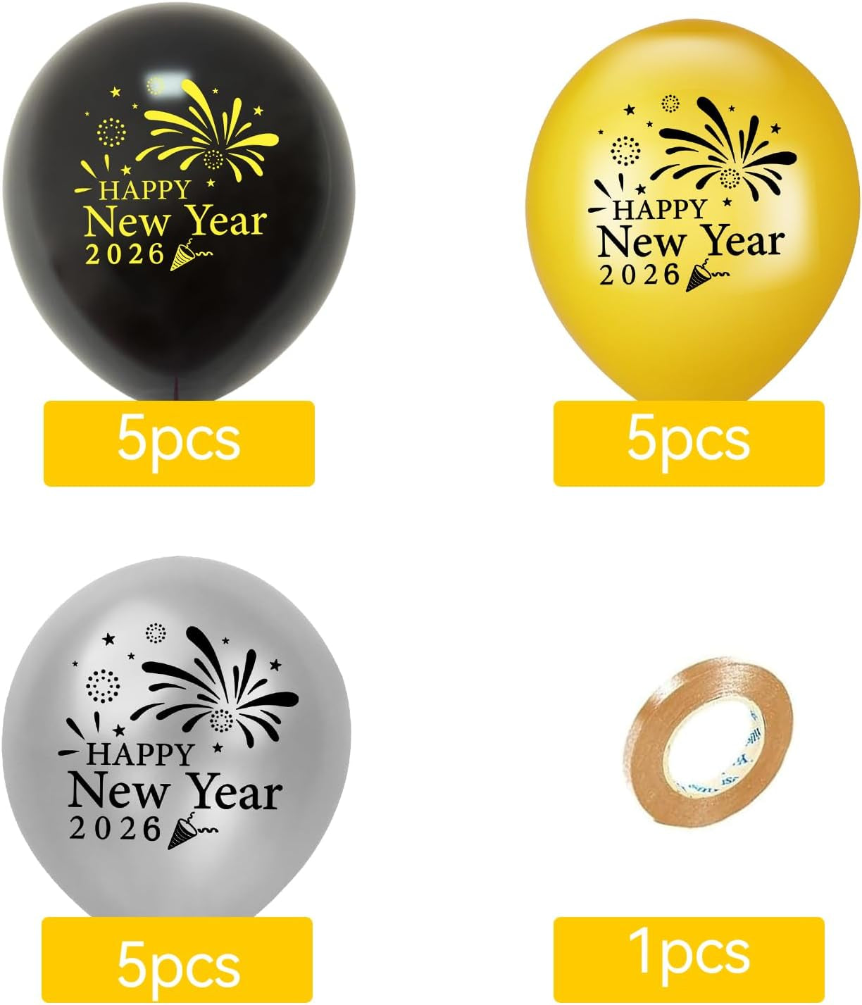 15-Piece Happy New Year 2026 Balloon Set for New Year's Eve Decorations (Black, Silver, Gold)