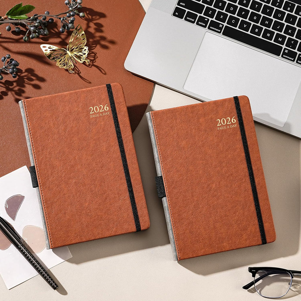 2026 A5 Daily Diary - Lined Page Per Day, January to December, Faux Leather Hardcover with Pen Loop and Elastic Closure, Brown