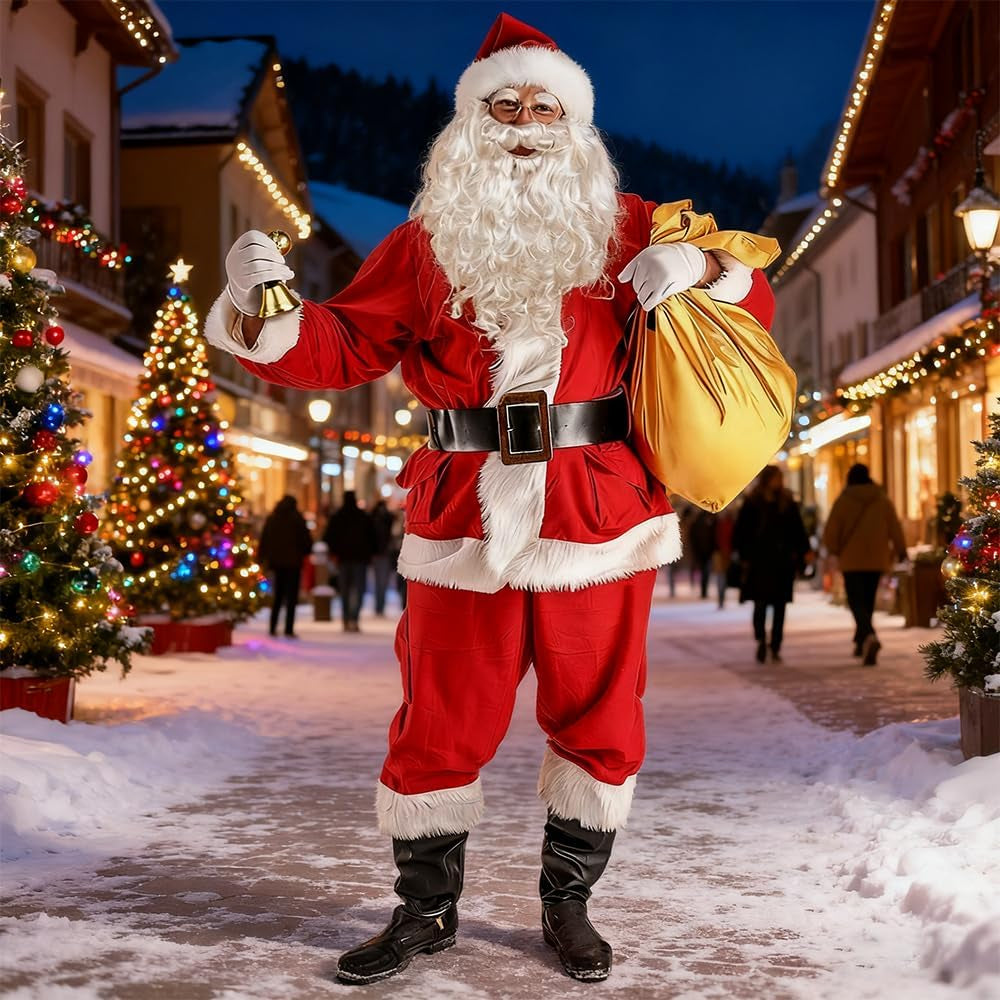 Santa Claus Costume Accessories, 8 PCS Father Christmas Fancy Dress, Father Christmas Costum with Hat Wig Beard Gloves Glasses Eyebrows Santa Sack Bell, Christma-S Santa Costume Set for Christma-S