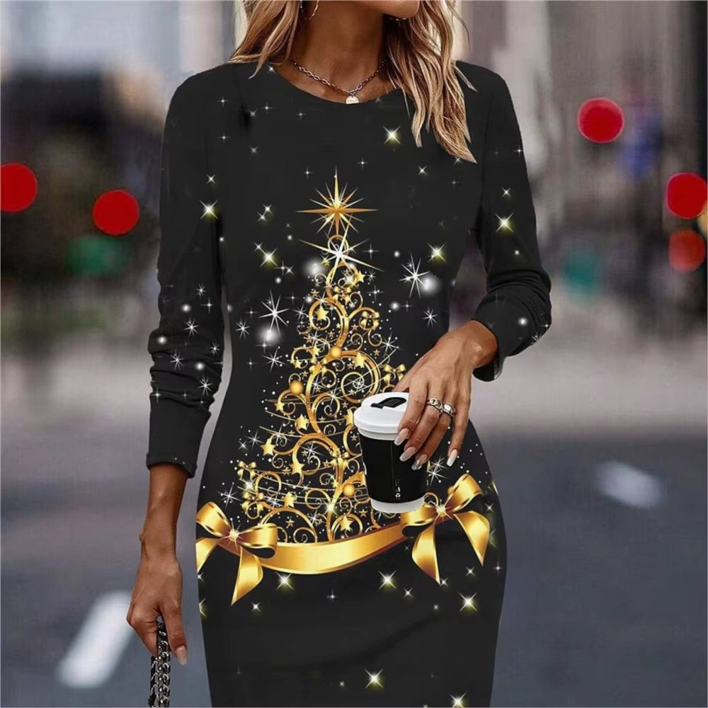 Women's Christmas Tree 3D Printed Slimming Mini Dress with Round Neck and Long Sleeves for Parties