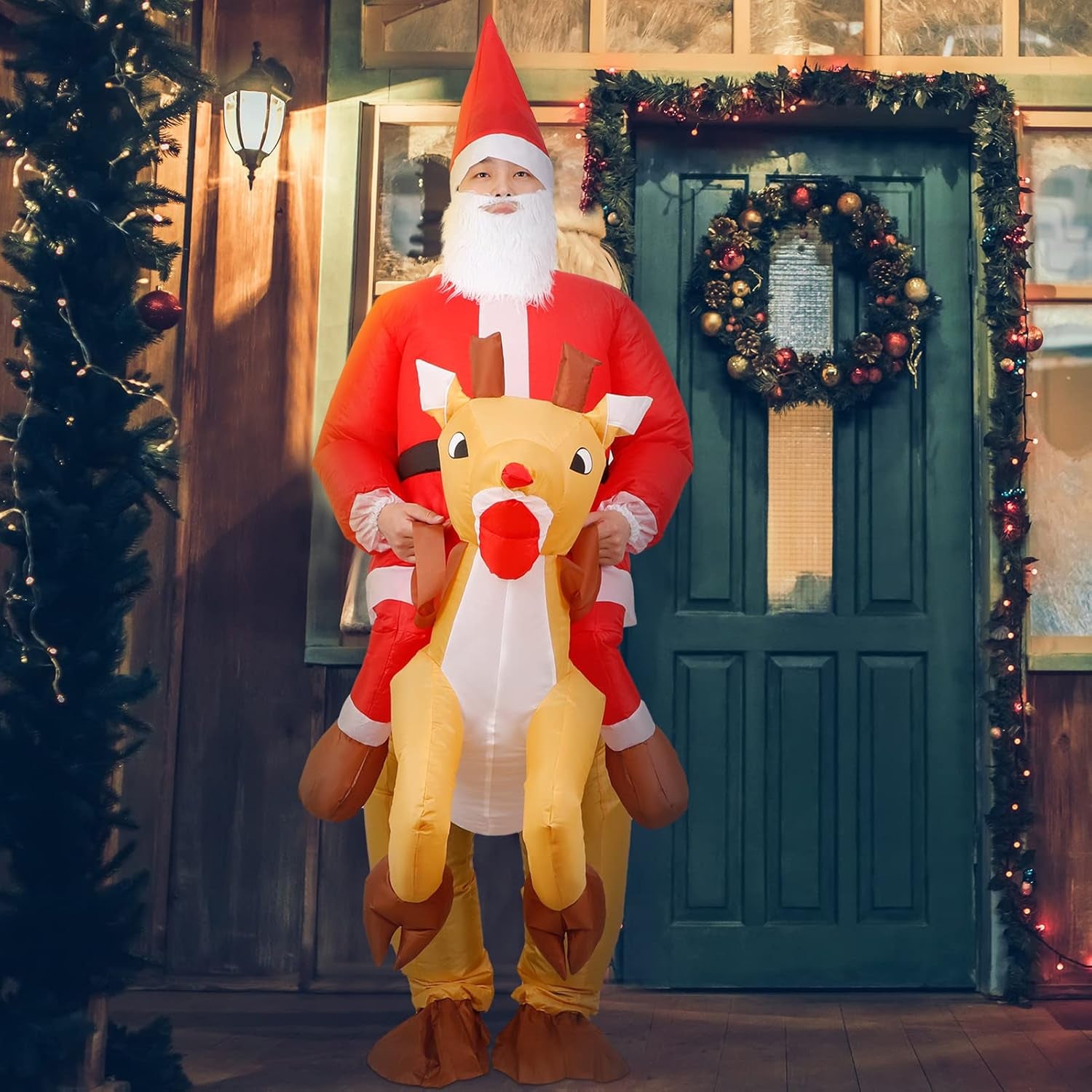 Adult Christmas Inflatable Santa Claus Costume with Reindeer Ride-On Suit for Holiday Events and Parties