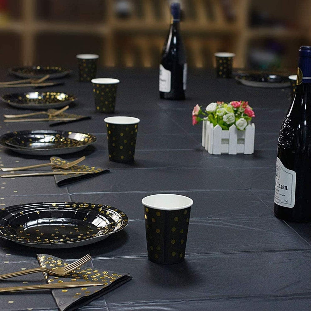 142-Piece Black and Gold Party Supplies Set, Featuring Golden Dot Dinnerware, Includes Black Paper Plates, Napkins, Cups, and Gold Cutlery for Graduation, Birthdays, and Cocktail Events