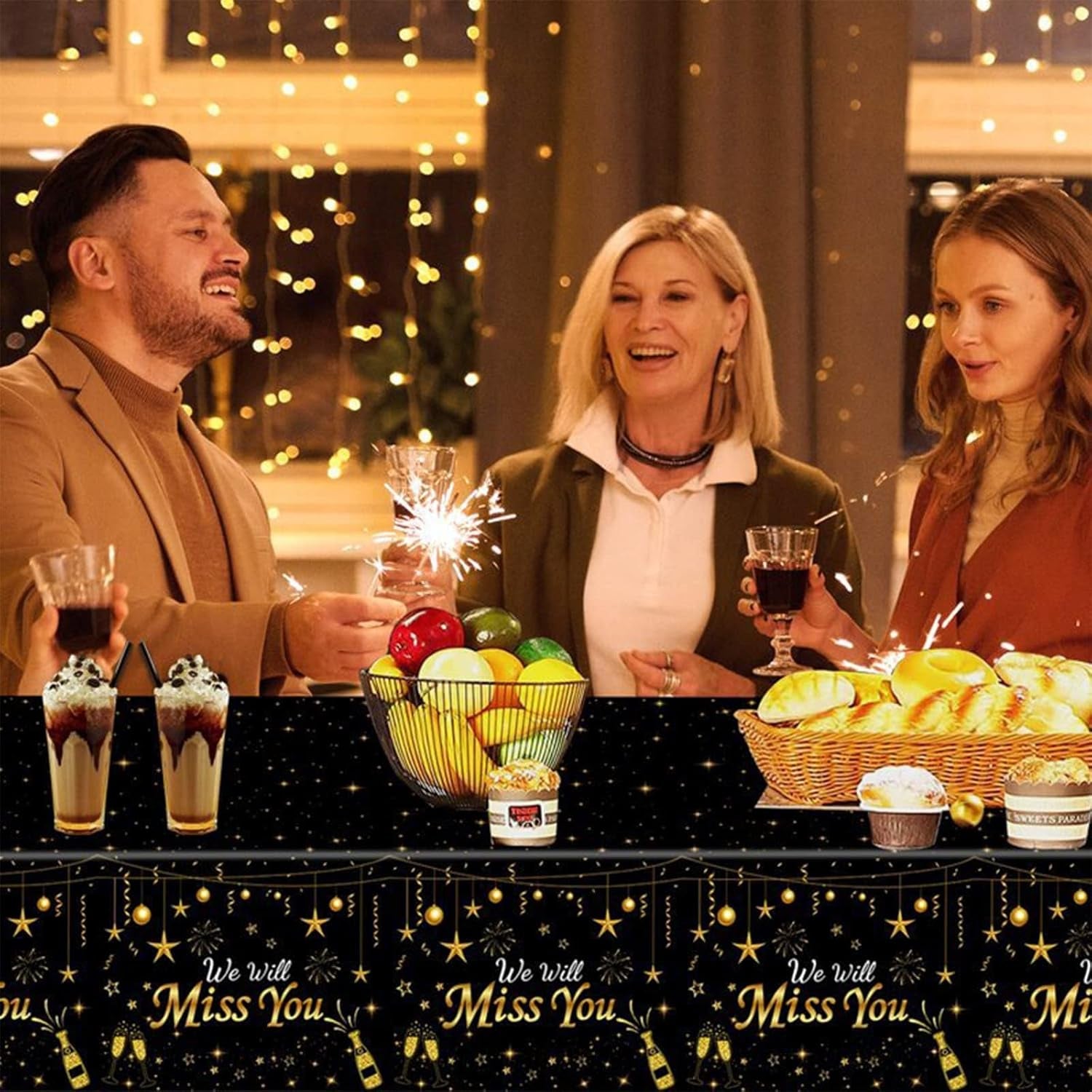 2026 New Year's Eve Black and Gold Rectangular Disposable Tablecloth - 137 x 274 cm Party Supplies