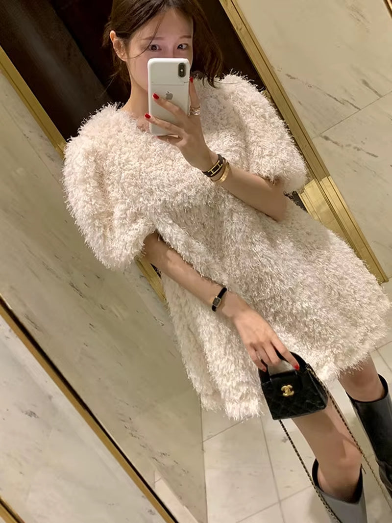 Chic Autumn Winter Soft Sle V-Ne Fluffy Loose Casual Color Ort Sve Dr Skirt Women'S Faion Commute