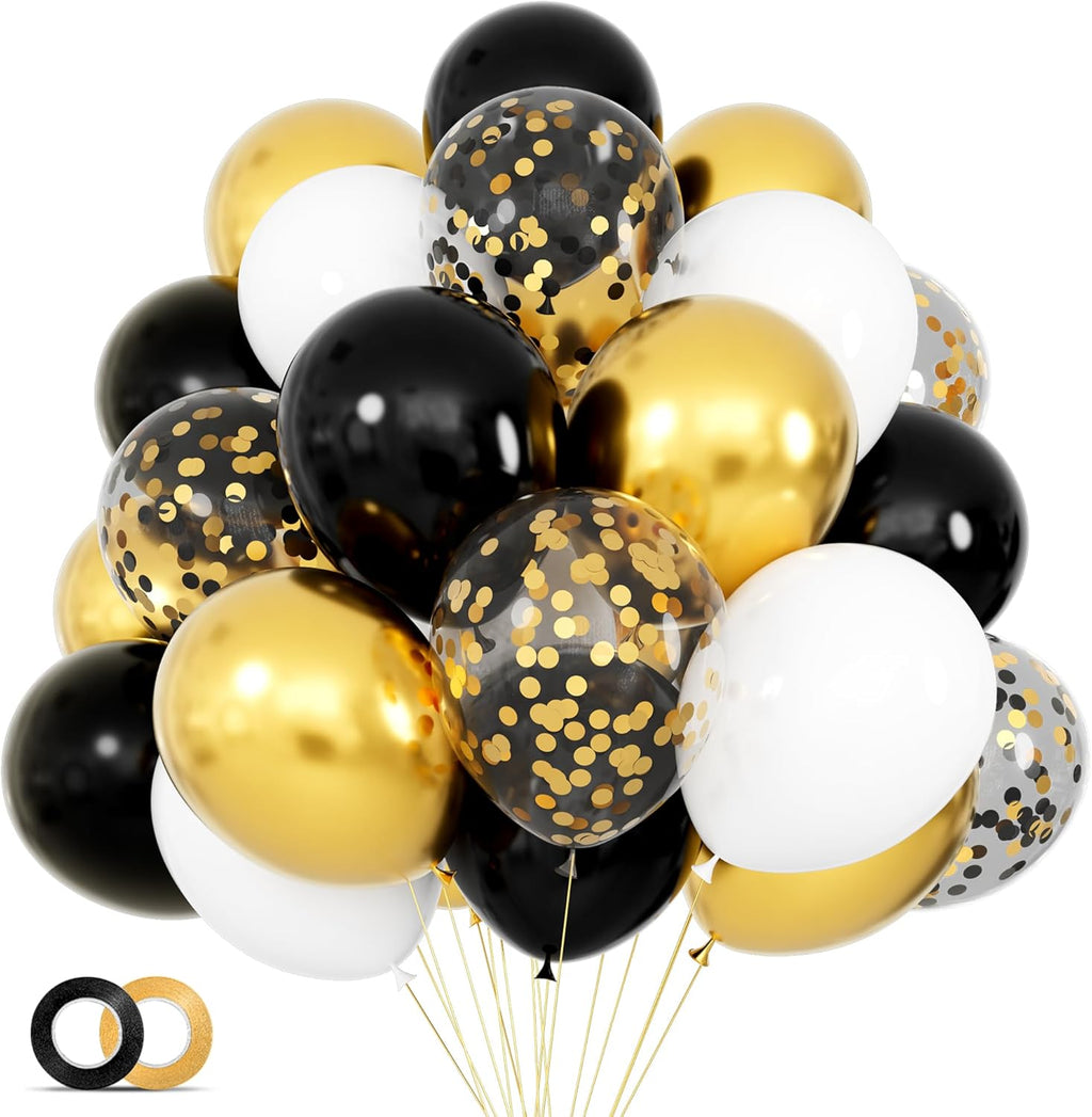 68-Piece Elegant Balloon Set in Black, White, and Gold with 12-Inch Black and Gold Confetti Balloons for Graduation, Birthday, and Wedding Celebrations