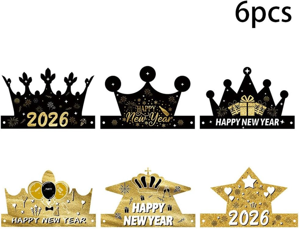 6-Piece Set of 2026 Happy New Year's Eve Hats - Black and Gold Paper Crown Party Headwear for Celebrations and Photo Props