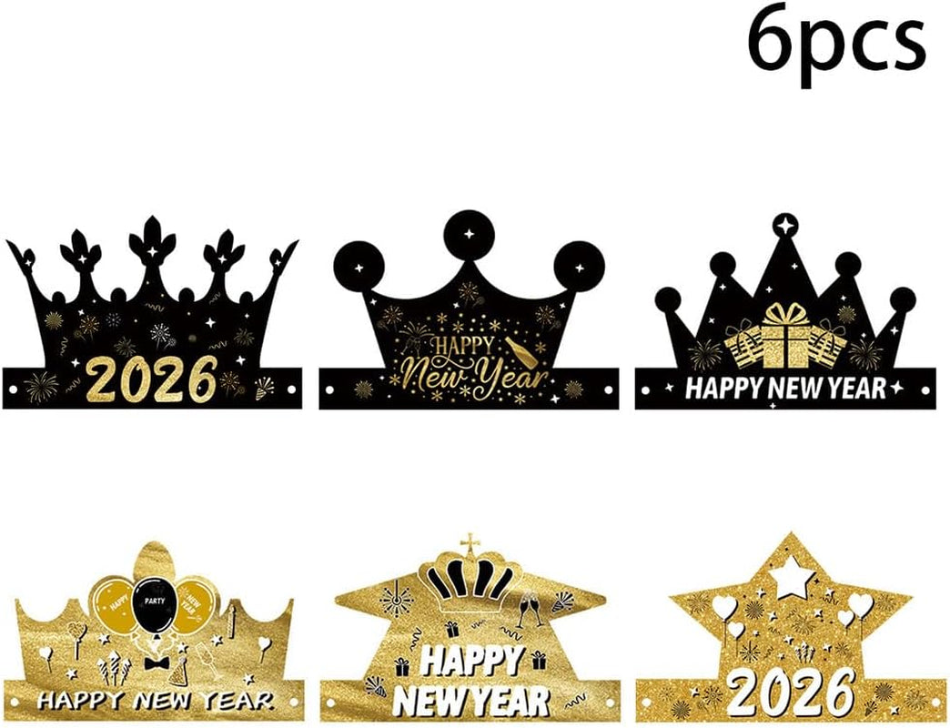 6-Piece Set of 2026 Happy New Year's Eve Hats - Black and Gold Paper Crown Party Headwear for Celebrations and Photo Props