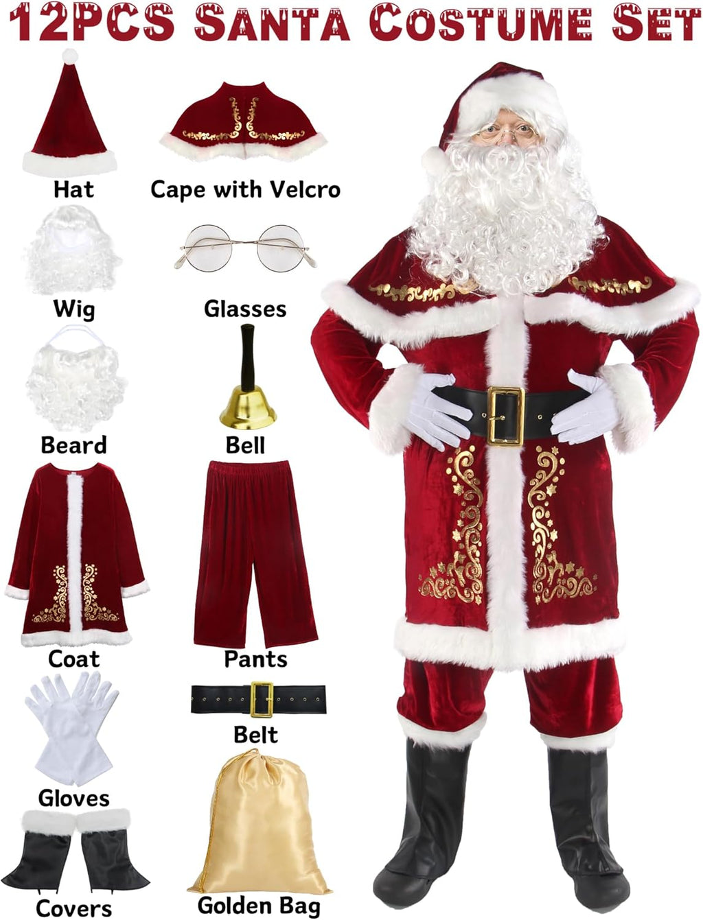 Deluxe Velvet Santa Claus Costume for Men - 12-Piece Christmas Set