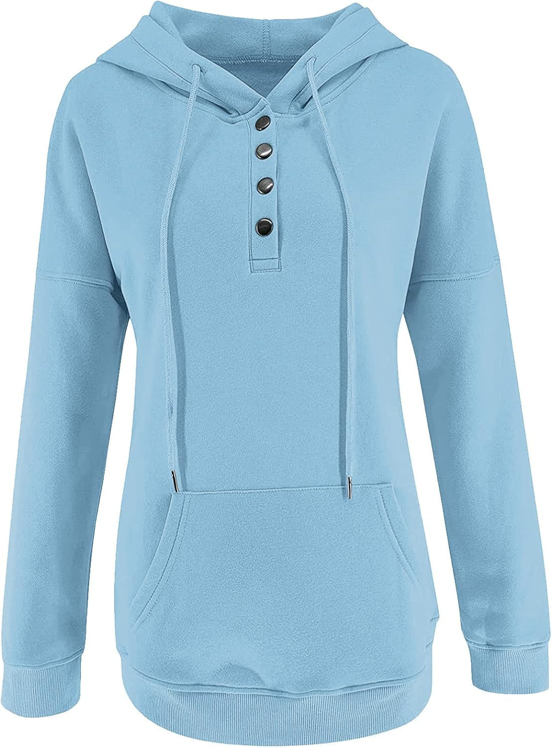 Women's Casual Long Sleeve Button-Down Hoodies with Pocket - Solid Color V-Neck Pullover Tops - Drawstring Fall Sweatshirt Blouse - UK Clearance