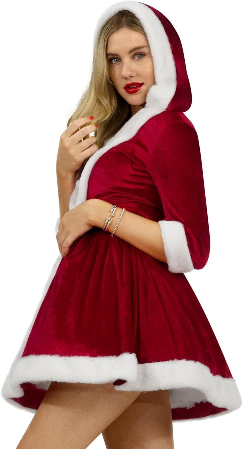 Women's Mrs. Claus Christmas Costume Set with Hooded Dress and Belt
