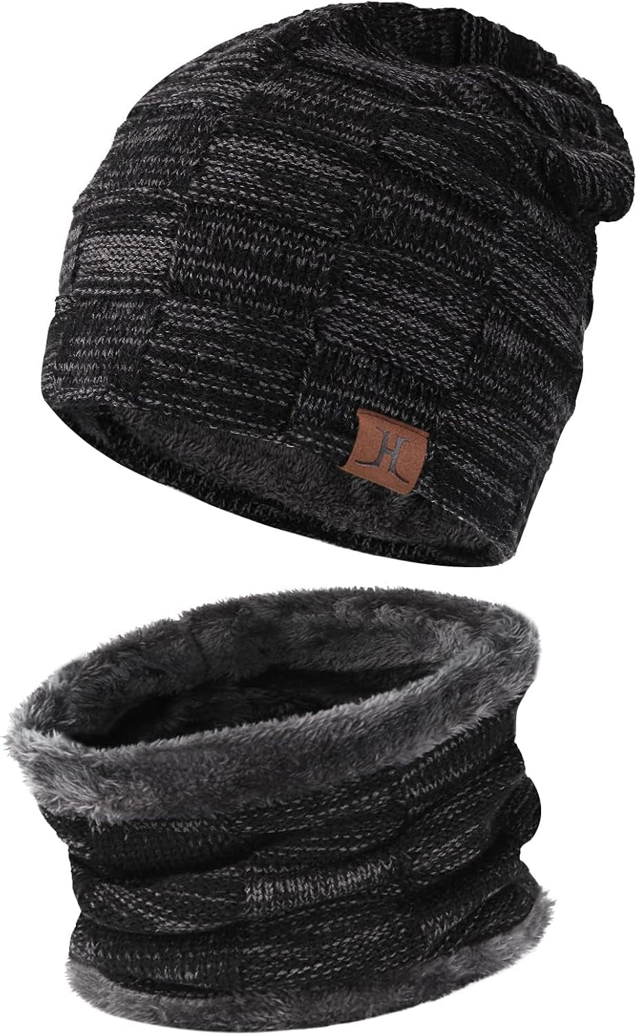 Men's Winter Beanie and Scarf Set - Warm Knit Skull Cap and Fleece-Lined Neck Warmer, Ideal Gift for Him and Her