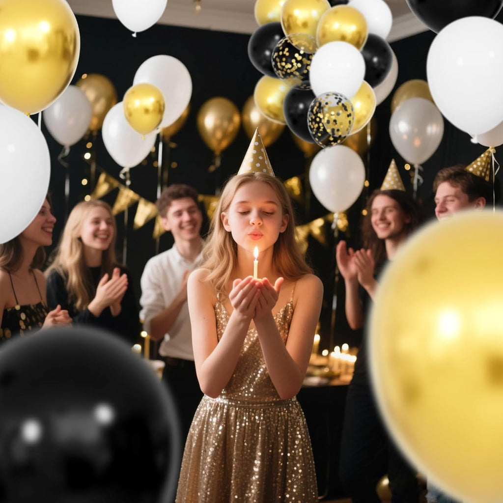 68-Piece Elegant Balloon Set in Black, White, and Gold with 12-Inch Black and Gold Confetti Balloons for Graduation, Birthday, and Wedding Celebrations