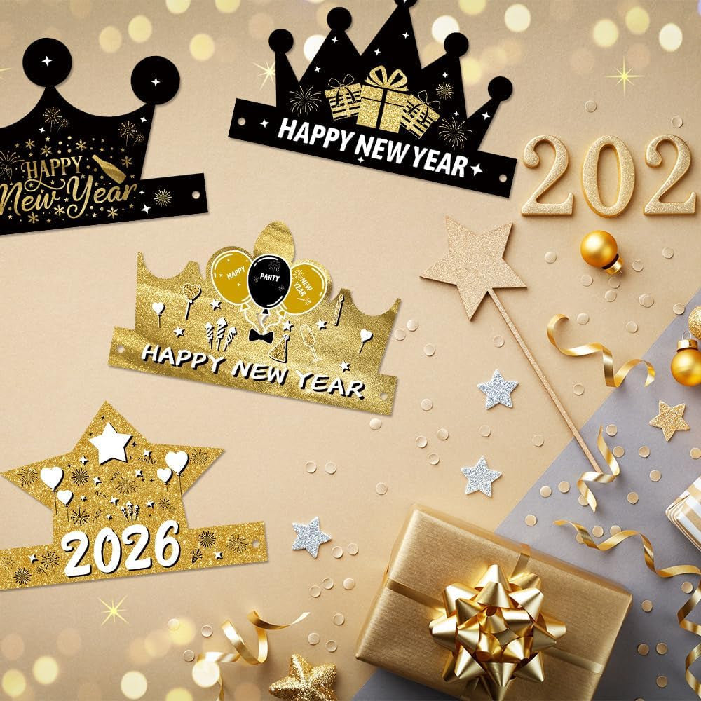 6-Piece Set of 2026 Happy New Year's Eve Hats - Black and Gold Paper Crown Party Headwear for Celebrations and Photo Props