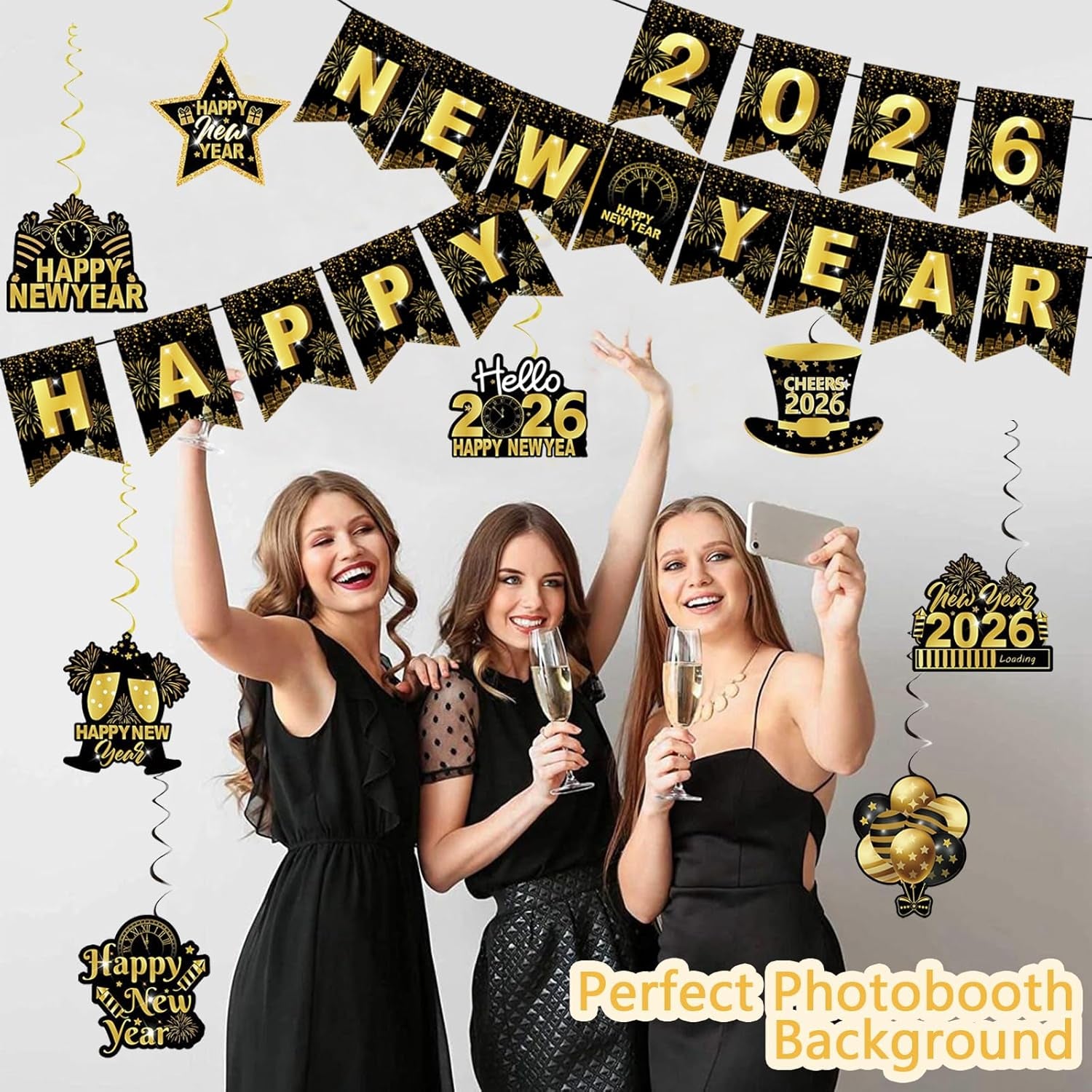 2026 New Year Celebration Banner Set - Black and Gold Glitter Hanging Decorations with Swirls for Photo Booth Backgrounds and Party Supplies
