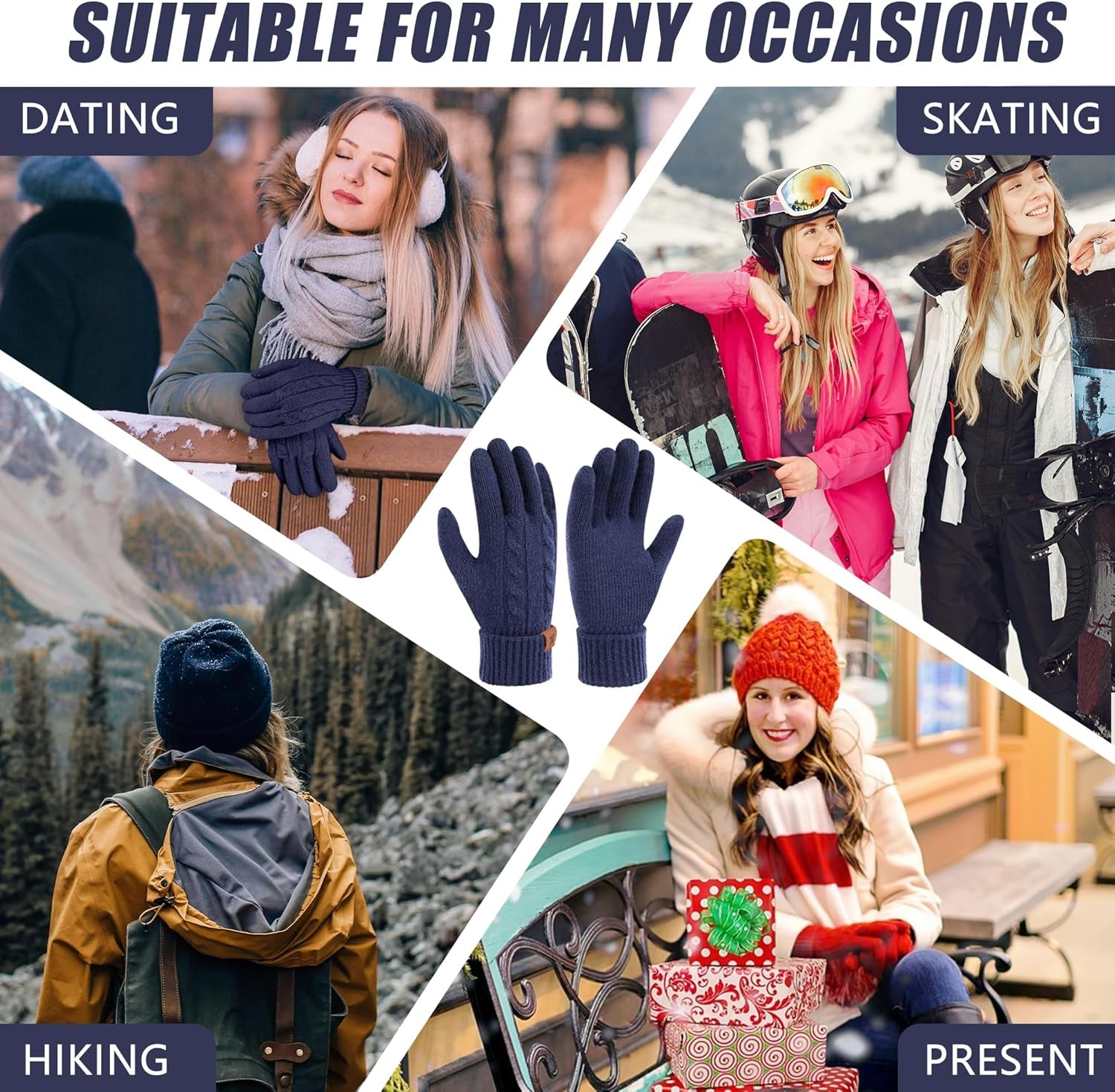 Women's Thermal Knit Touch Screen Gloves with Elastic Cuff for Cold Weather Gifts