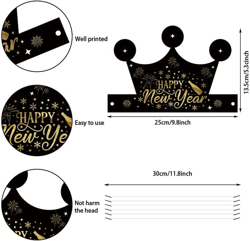 6-Piece Set of 2026 Happy New Year's Eve Hats - Black and Gold Paper Crown Party Headwear for Celebrations and Photo Props