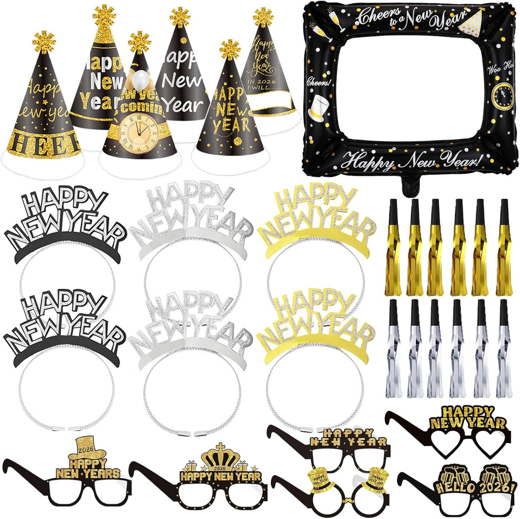 2026 New Year's Eve Party Decorations and Accessories: Hats, Headbands, Photo Booth Props, Paper Eyeglasses, and Blowouts