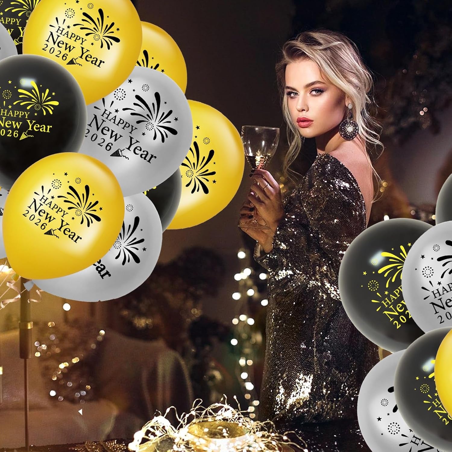 15-Piece Happy New Year 2026 Balloon Set for New Year's Eve Decorations (Black, Silver, Gold)