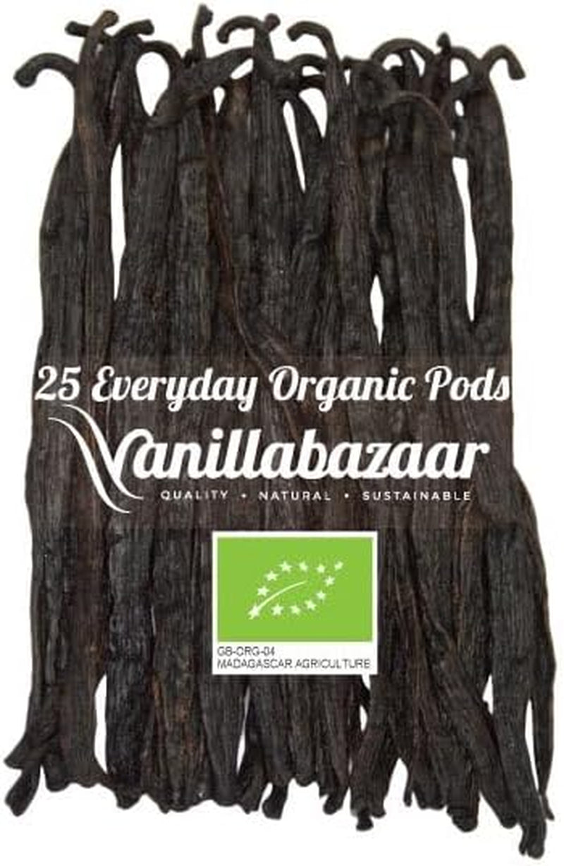 Organic Everyday Premium Madagascan Vanilla Pods | Grade a Vanilla Beans in Airtight Tin | Gourmet Sticks for Baking (25 Pods, 11-14Cm) | 5 X 5 Vacuum Packs inside |
