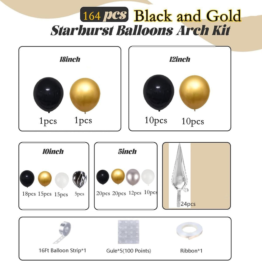 Elegant Black and Gold Balloon Garland Arch Kit with Star Foil Balloons for New Year's Eve, Graduation, Anniversary, and Birthday Celebrations