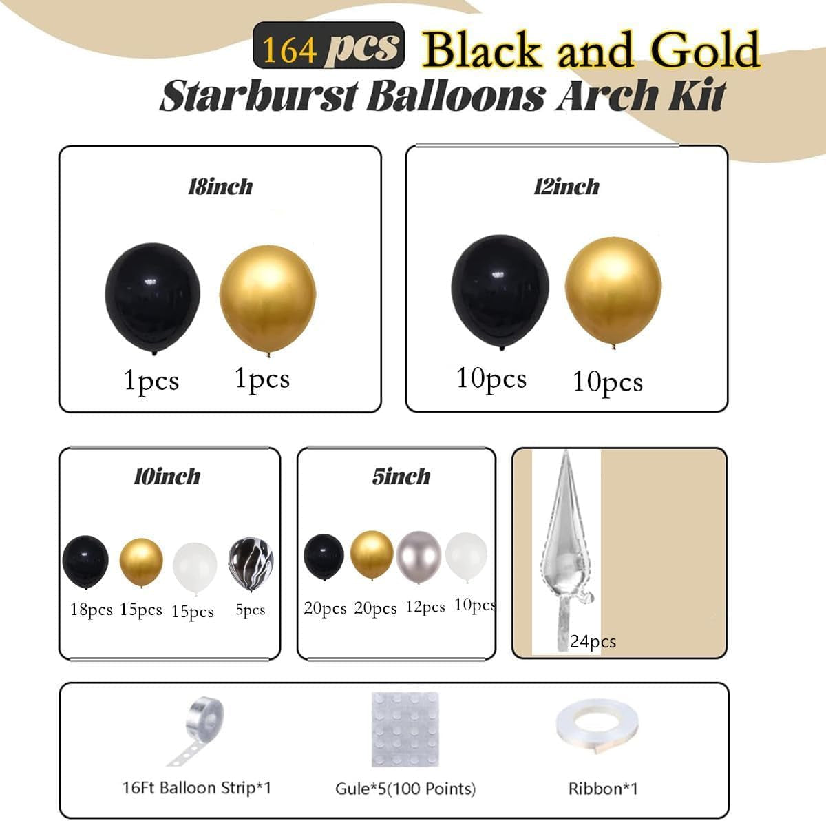 Elegant Black and Gold Balloon Garland Arch Kit with Star Foil Balloons for New Year's Eve, Graduation, Anniversary, and Birthday Celebrations