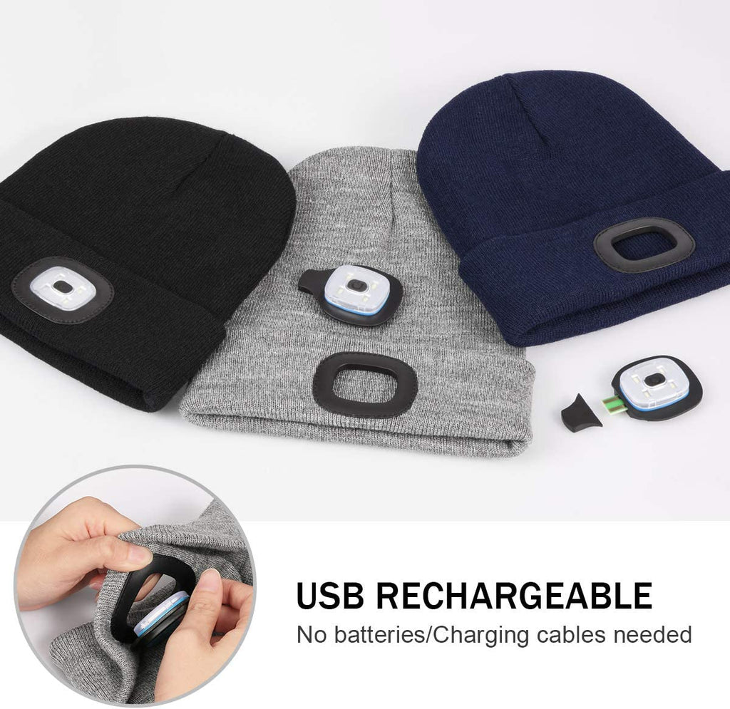 Rechargeable LED Lighted Beanie, Perfect Dad Gifts in Christmas, Stocking Fillers Cap with Light Hands Free Head Torch Unisex Winter Warm Knit Beanie