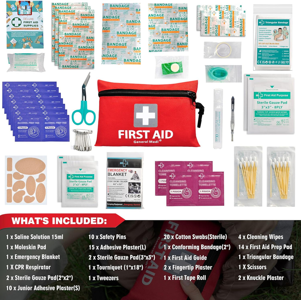 Mini First Aid Kit, 92 Pieces Small First Aid Kit - Includes Emergency Foil Blanket, Scissors for Travel, Home, Office, Vehicle, Camping, Workplace & Outdoor (Red)