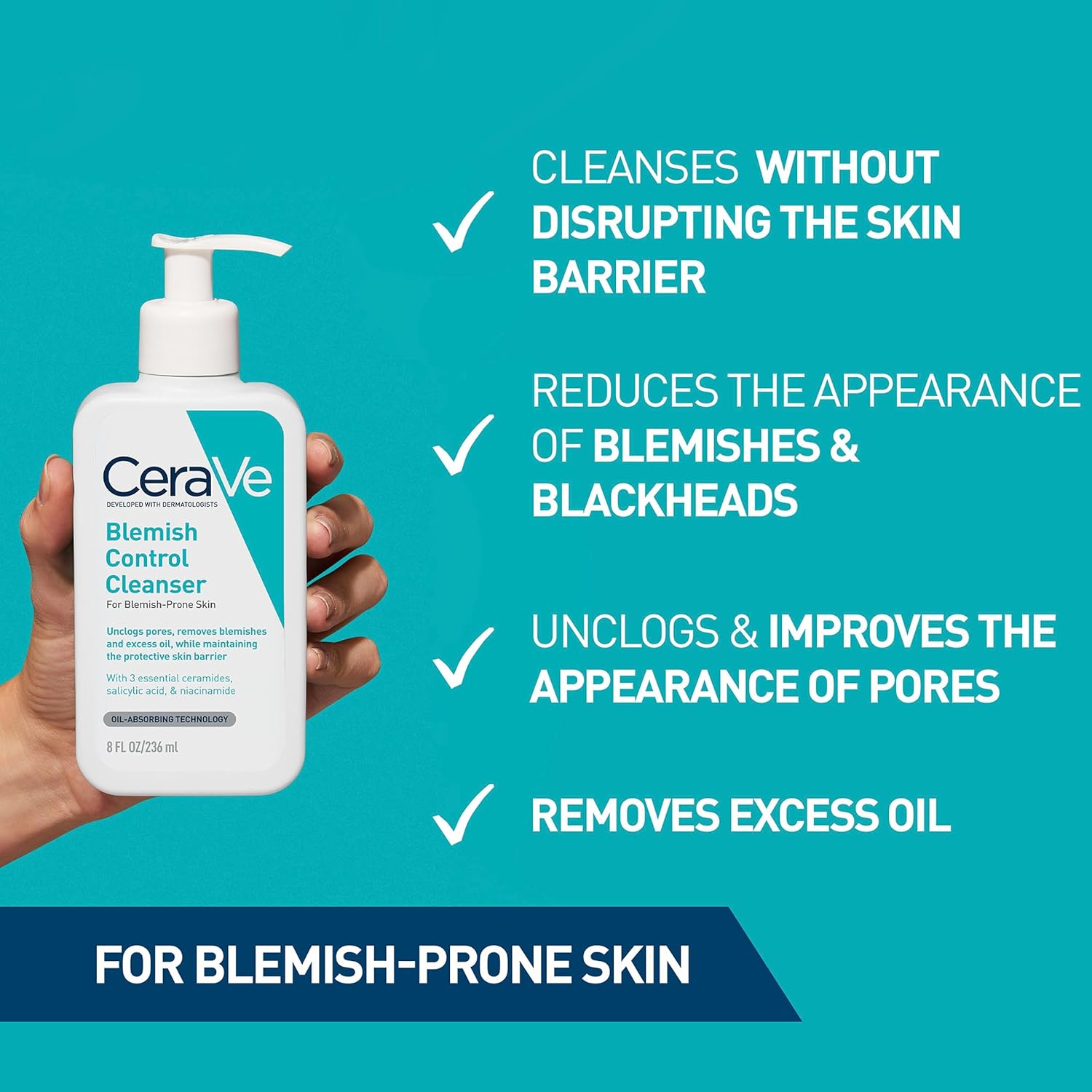 Cerave Blemish Control Face Cleanser with 2% Salicylic Acid & Niacinamide for Blemish-Prone Skin 236Ml