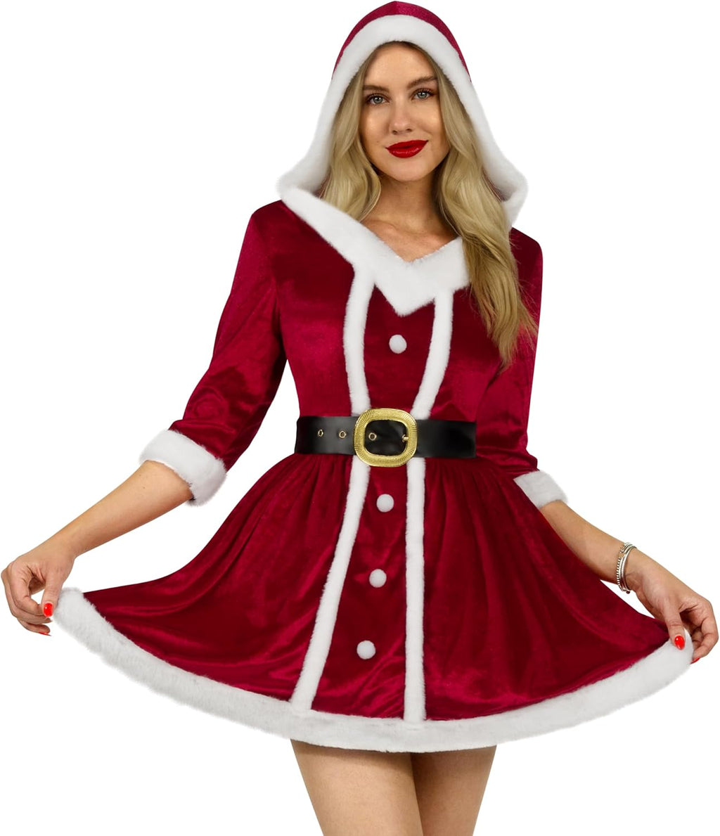 Women's Mrs. Claus Christmas Costume Set with Hooded Dress and Belt