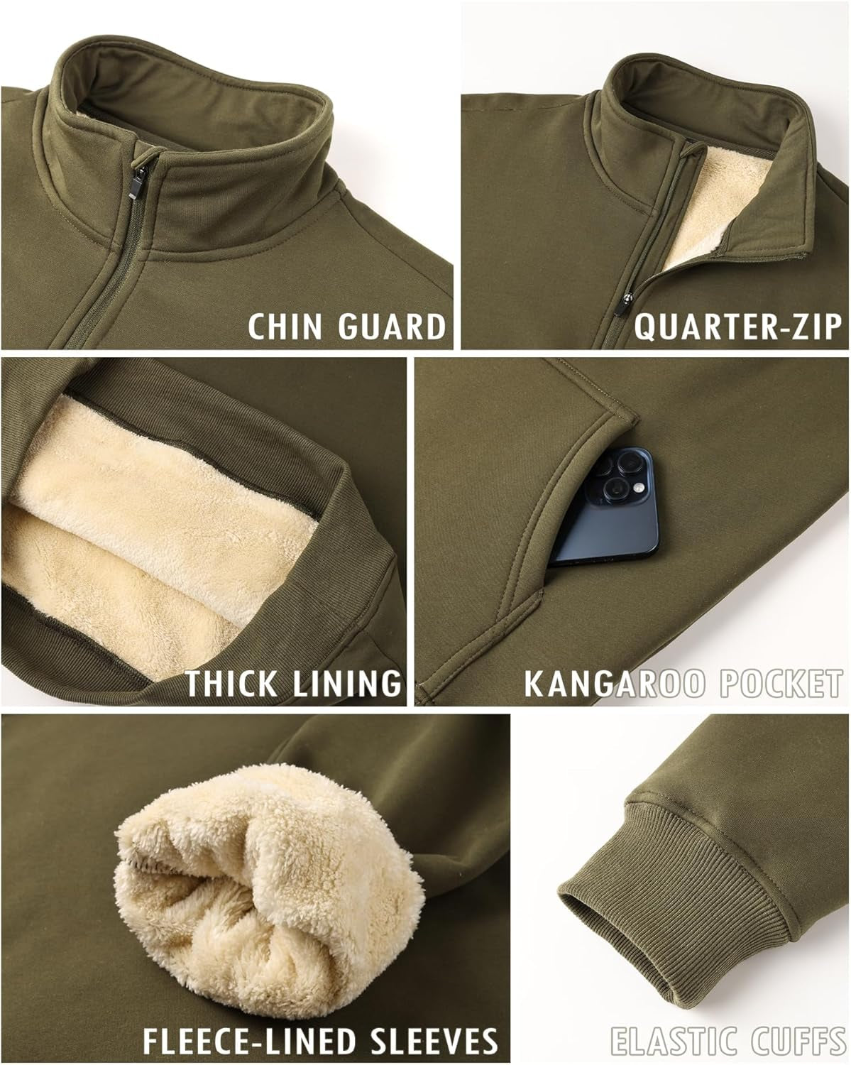 Men's Fleece-Lined Quarter Zip Sweatshirt with Stand Collar and Pocket