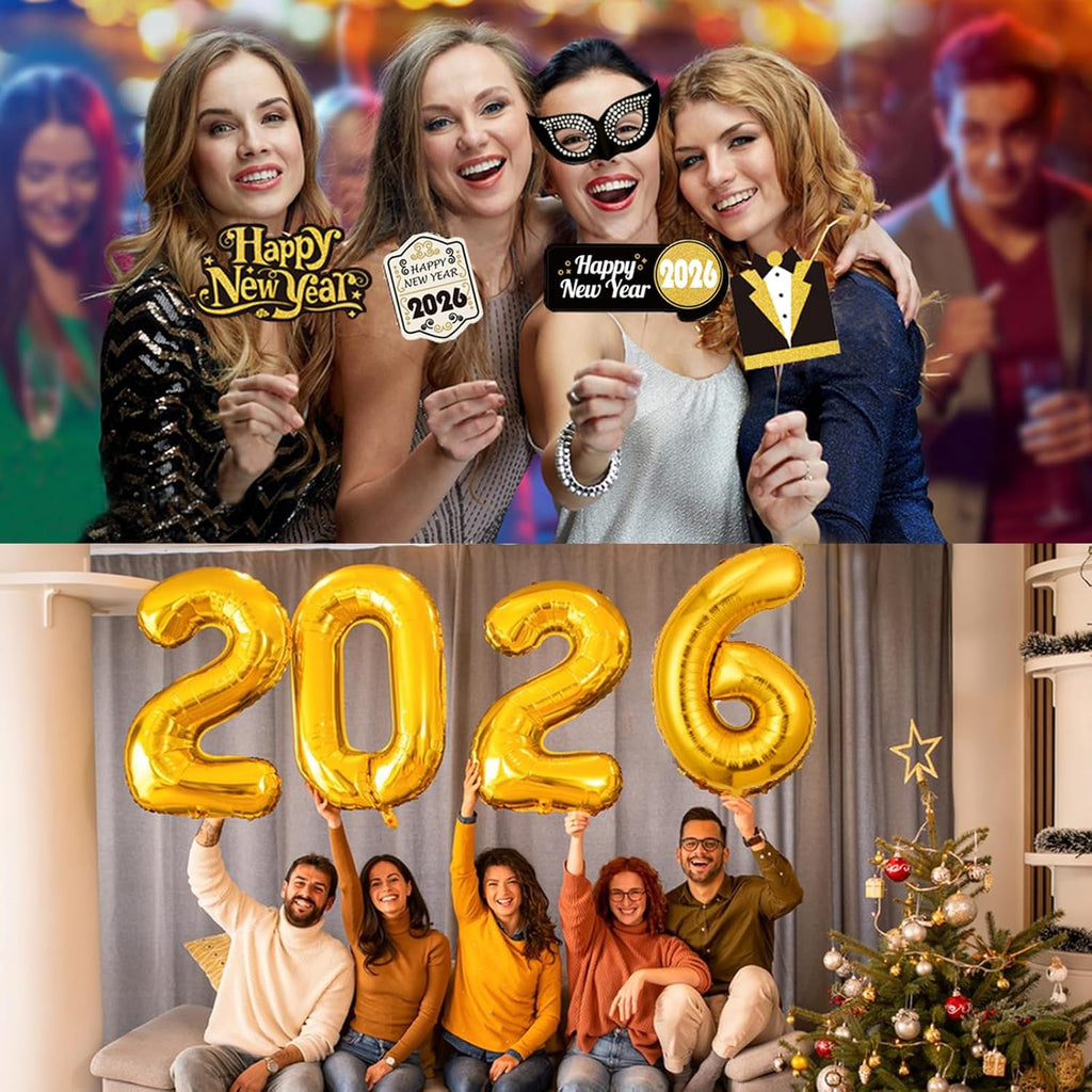 2026 New Year's Eve Celebration Decorations: Elegant Party Banners, Foil Balloons, and Photo Booth Props in Black and Gold
