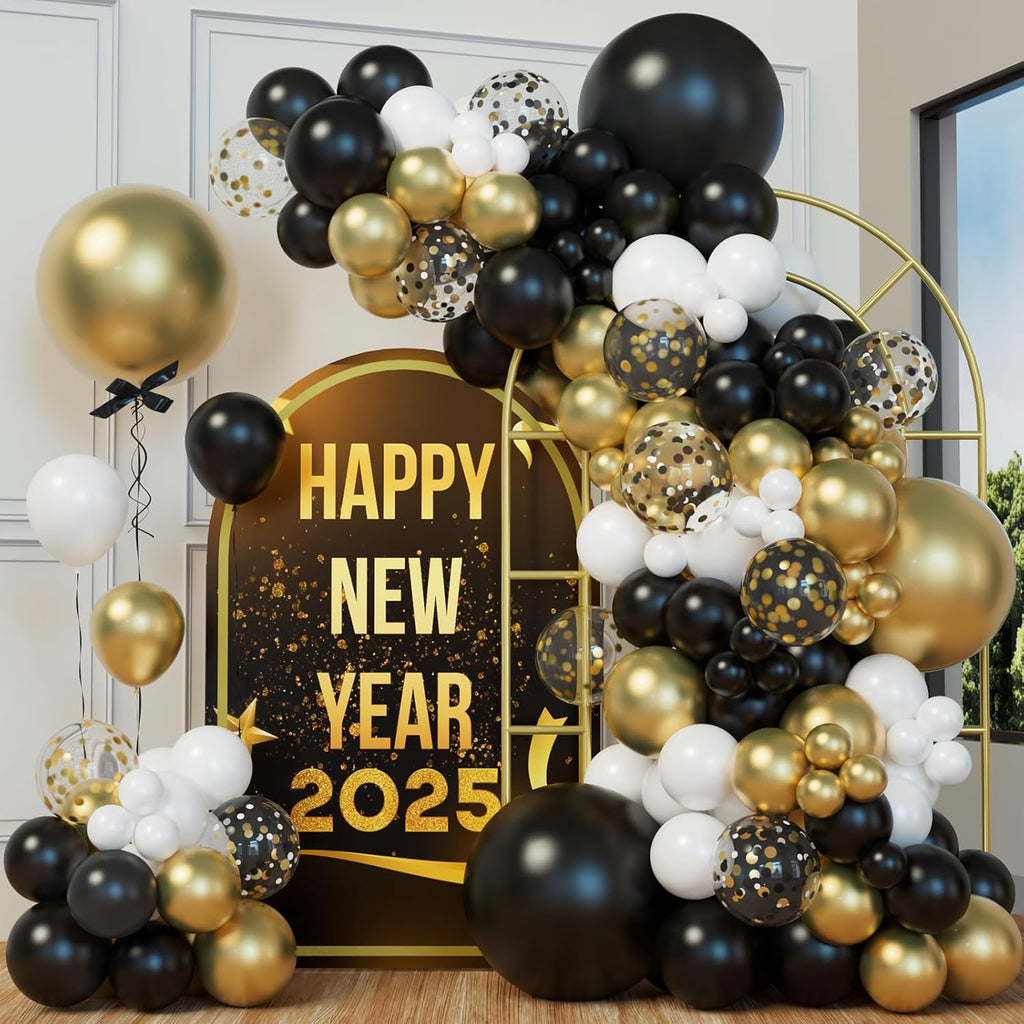 Elegant Black and Gold Balloon Garland Arch Kit with Star Foil Balloons for New Year's Eve, Graduation, Anniversary, and Birthday Celebrations