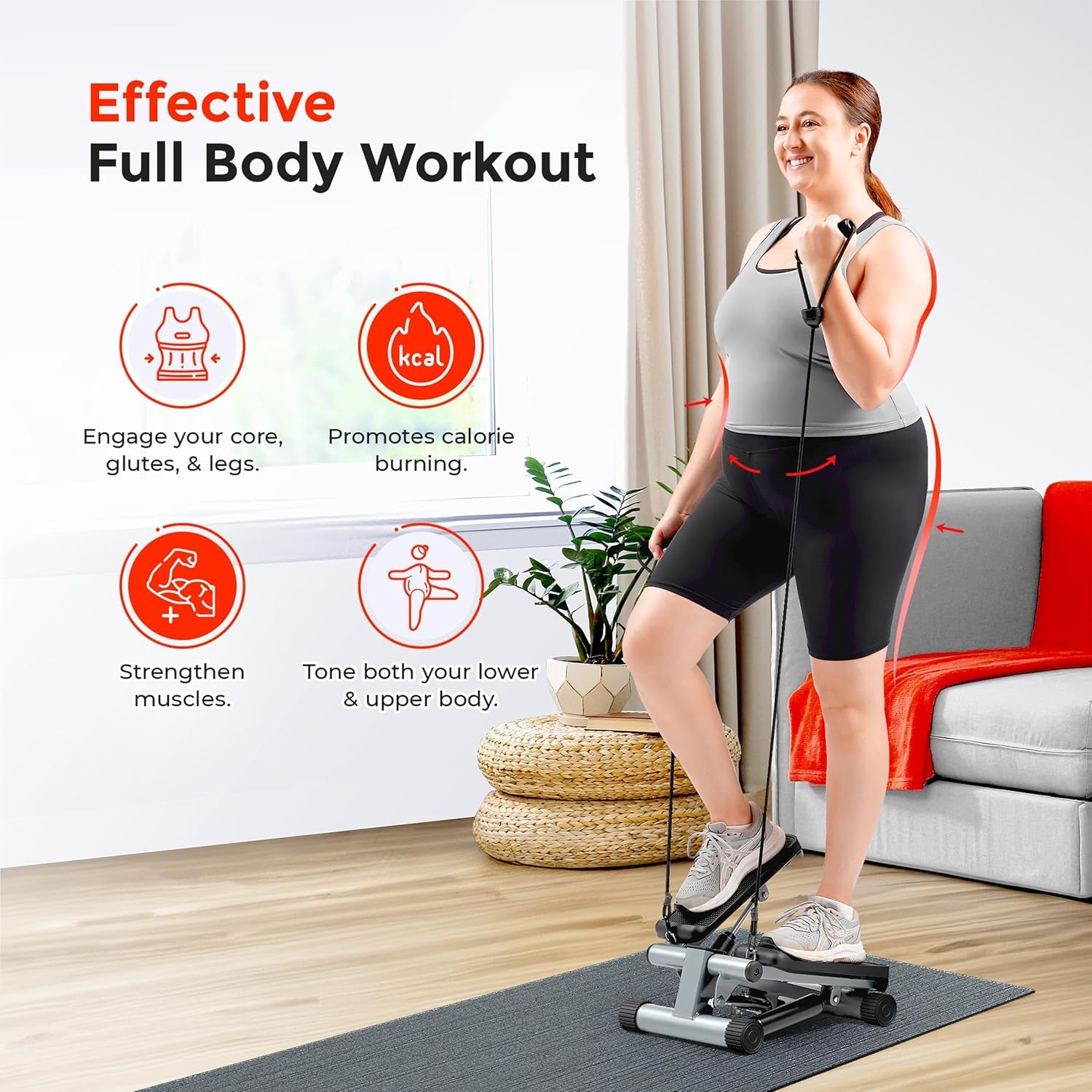 Mini Steppers for Exercise at Home, Stair Step Workout Machine, Full Body Cardio Equipment, with Optional Twist Motion, Resistance Band and Free Sunnyfit App Connection