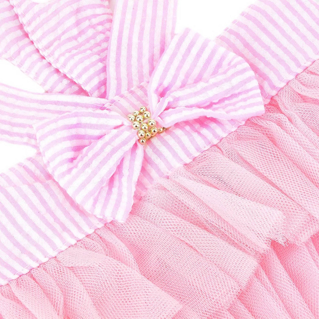 Small Dog Dress Striped Denim Organza Bow Beads Tutu Skirt Summer Soft Comfortable Breathable Puppy Clothes Sleeveless Button Kitten Apparel, Pink, XS