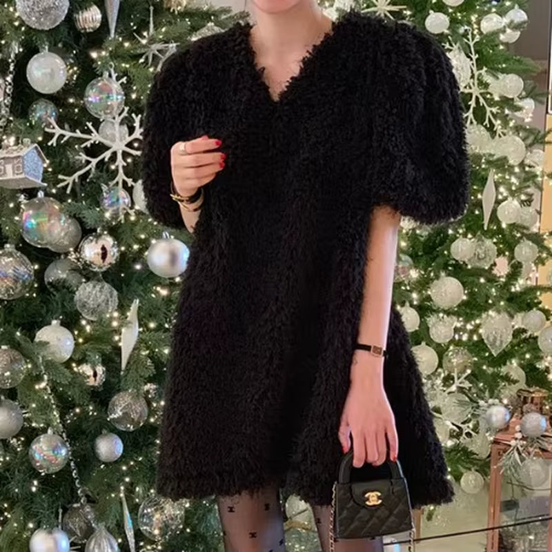 Chic Autumn Winter Soft Sle V-Ne Fluffy Loose Casual Color Ort Sve Dr Skirt Women'S Faion Commute
