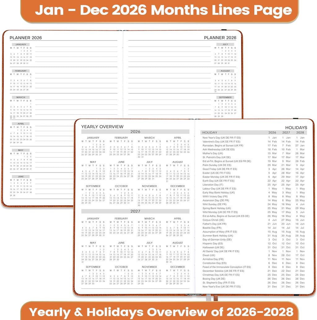 2026 A5 Daily Diary - Lined Page Per Day, January to December, Faux Leather Hardcover with Pen Loop and Elastic Closure, Brown