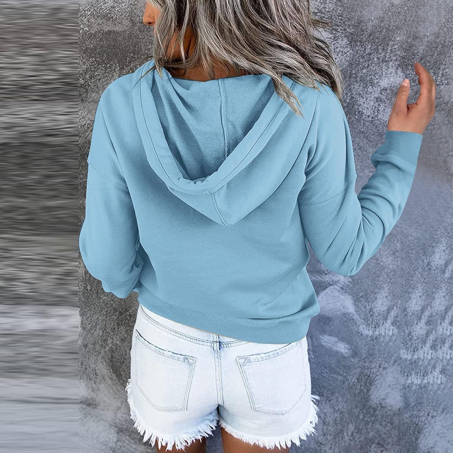 Women's Casual Long Sleeve Button-Down Hoodies with Pocket - Solid Color V-Neck Pullover Tops - Drawstring Fall Sweatshirt Blouse - UK Clearance