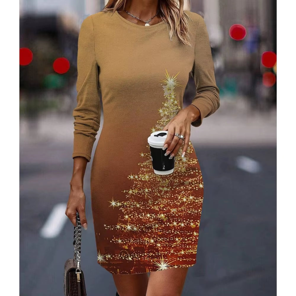 Women's Christmas Tree 3D Printed Slimming Mini Dress with Round Neck and Long Sleeves for Parties