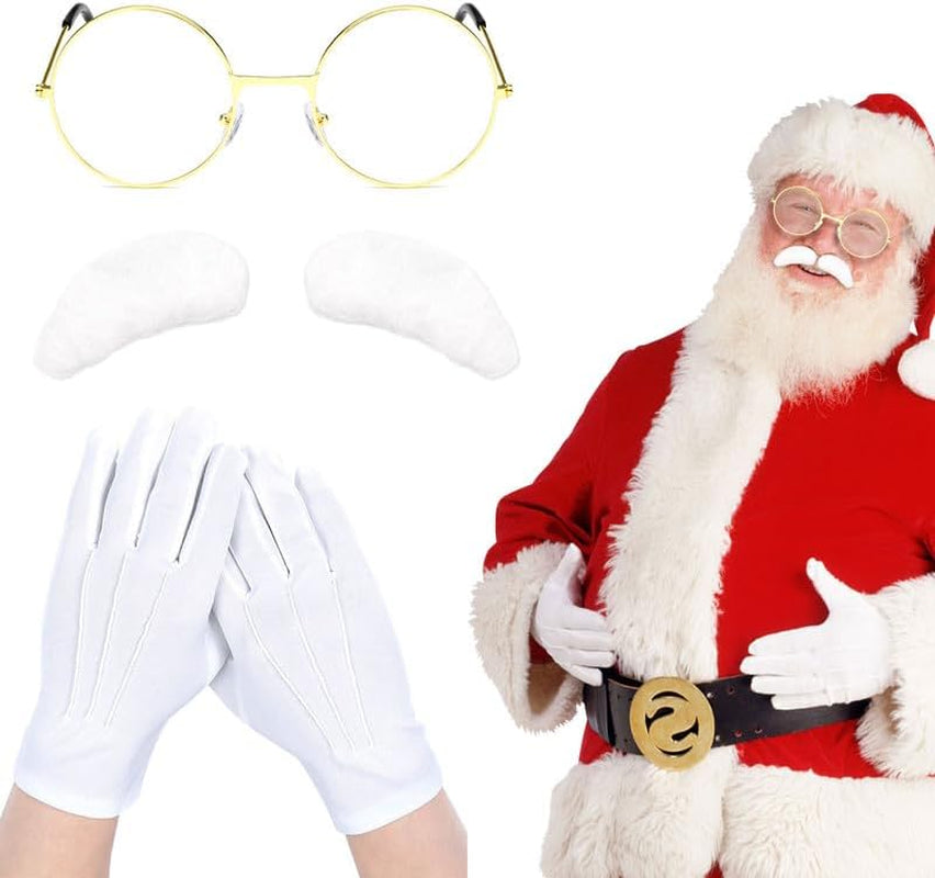Santa Claus Accessory Set - 3 Piece Eyebrows, Glasses, and Gloves for Christmas Cosplay (White)