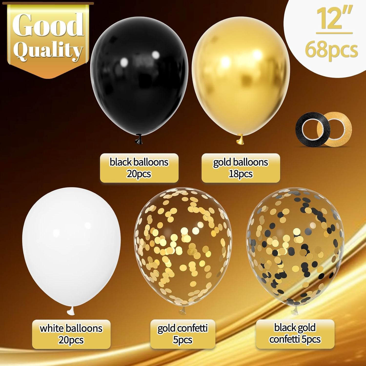 68-Piece Elegant Balloon Set in Black, White, and Gold with 12-Inch Black and Gold Confetti Balloons for Graduation, Birthday, and Wedding Celebrations