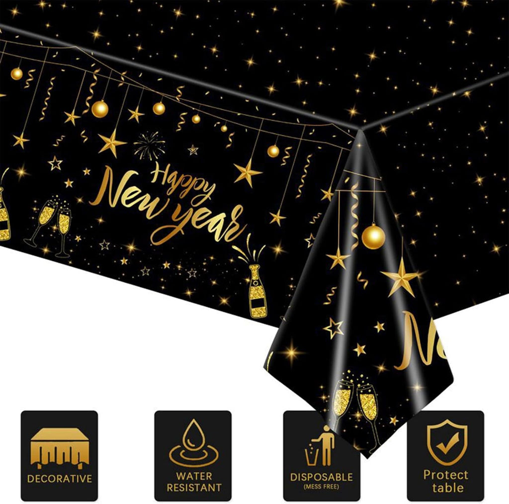 2026 New Year's Eve Black and Gold Rectangular Disposable Tablecloth - 137 x 274 cm Party Supplies