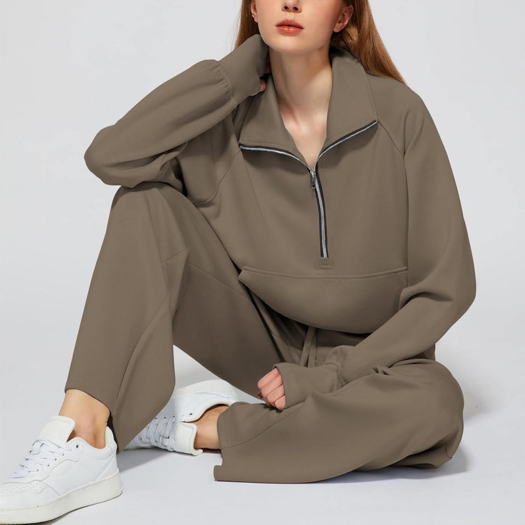 Women's Two-Piece Tracksuit Set: Oversized Long Sleeve Half-Zip Sweatshirt and Wide Leg Trousers for Casual and Activewear