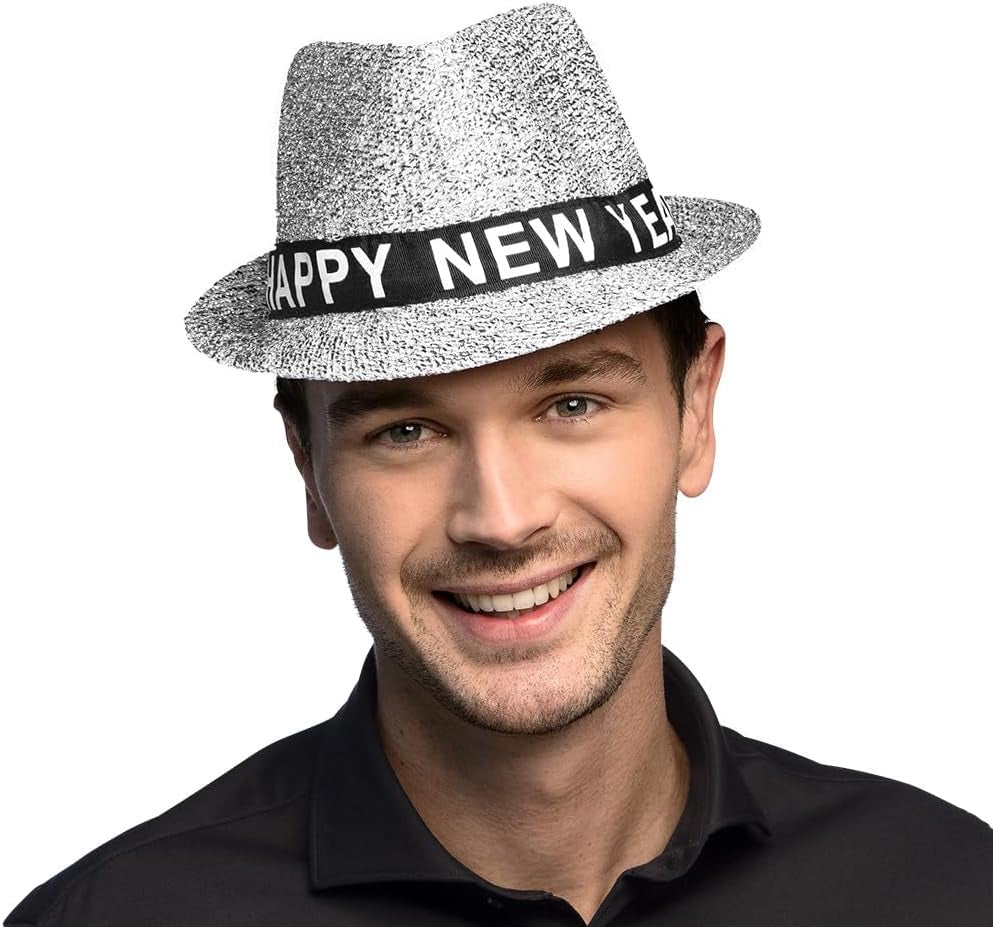 - Hut Happy New Year Mit Glitzer, Funkelnder Fedora Für Silvester, Hutband Mit Schrift, Neujahr