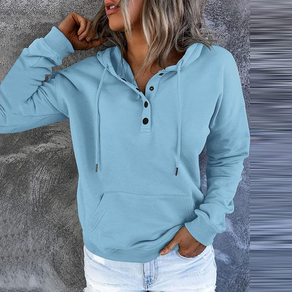 Women's Casual Long Sleeve Button-Down Hoodies with Pocket - Solid Color V-Neck Pullover Tops - Drawstring Fall Sweatshirt Blouse - UK Clearance