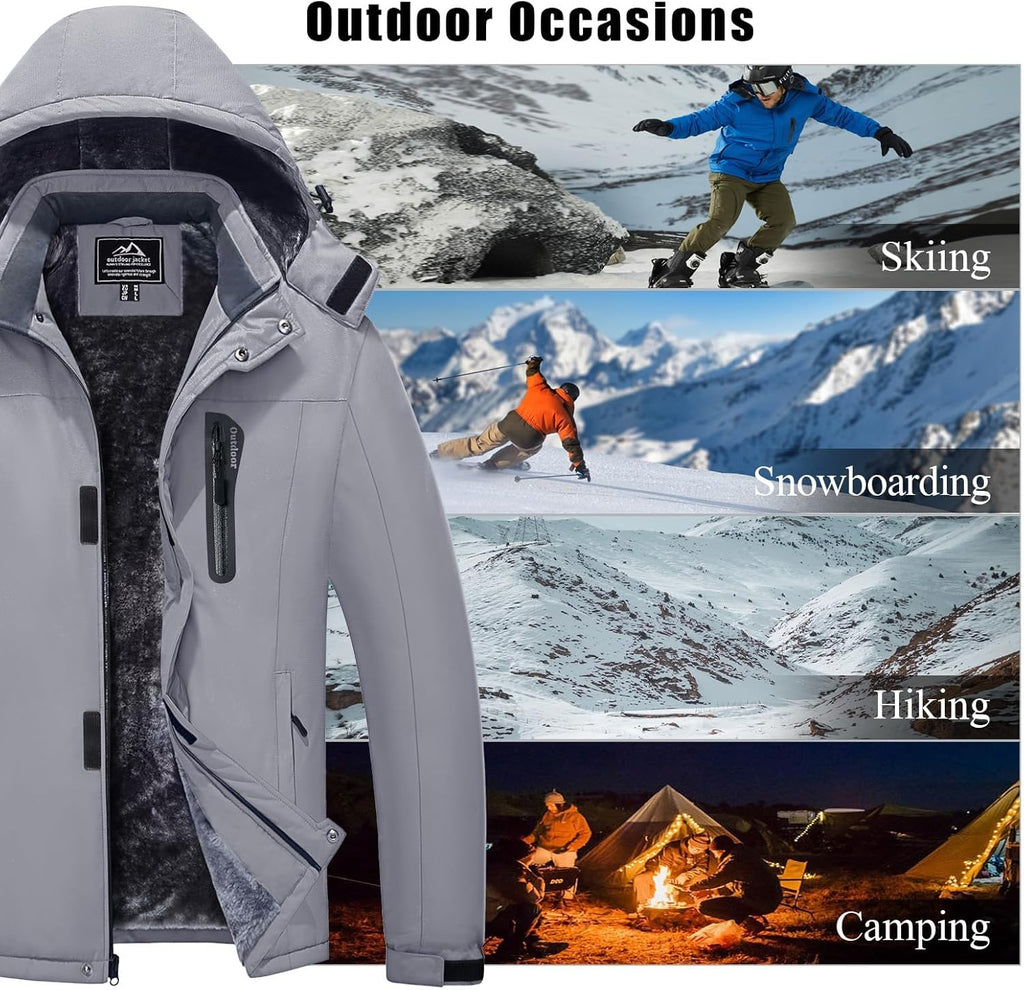 Men'S Waterproof Fleece Jackets Warm Ski Snow Winter Coat Windproof Mountain Jacket with Detachable Hood