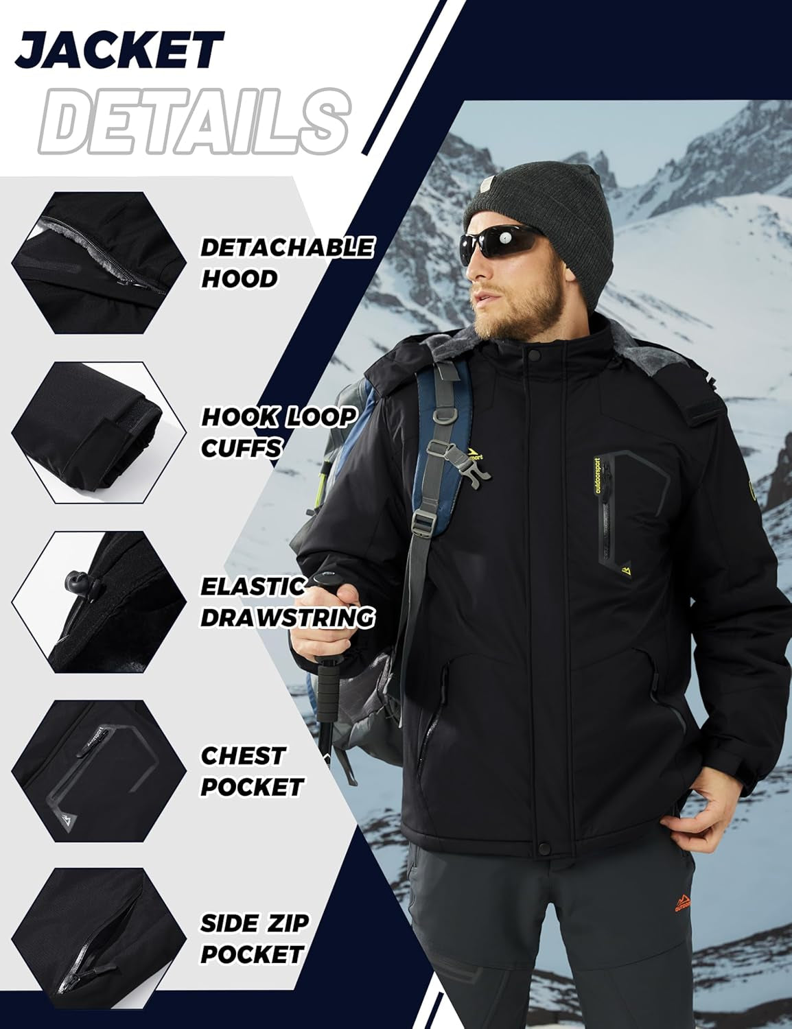 Men'S Waterproof Fleece Mountain Jacket Windproof Warm Ski Jacket Multi-Pockets